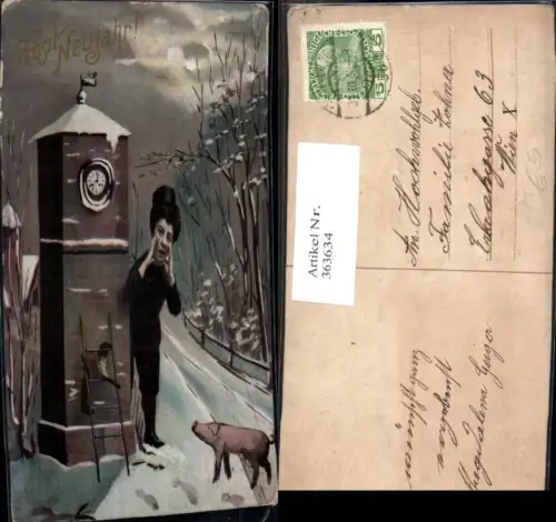 363634,Künstler Ak Neujahr Schornsteinfeger Rauchfangkehrer Schwein Uhr Winterlandschaft
