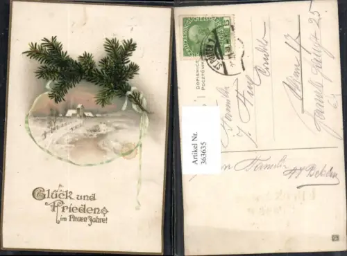 363635,Künstler Ak Neujahr Dorf Winterlandschaft Tannenzweig Schleife Goldschrift