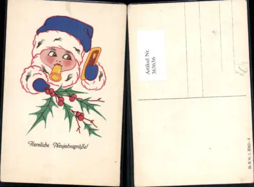 363636,Künstler Ak Neujahr Kind m. Zipfelmütze Glocke Lebkuchen Stechpalmenzweig pub B.K.W.I. 3042euro4