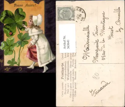 363641,Präge Ak Neujahr Mädchen Pelzmantel Klee Kleeblatt Marienkäfer Hufeisen