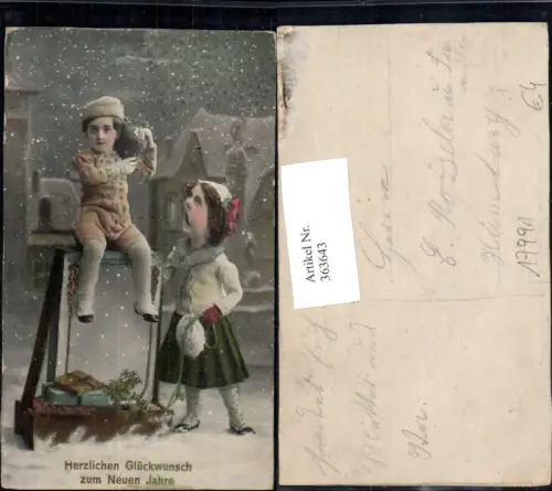 363643,Künstler Ak Neujahr Kinder Geldsack Geschenke a. Schlitten Rodel Schnee