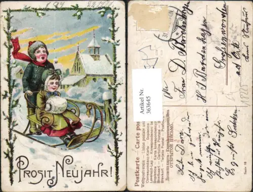 363645,Präge Künstler Ak Neujahr Kinder Schiebeschlitten Winterdorf Tannengirlande