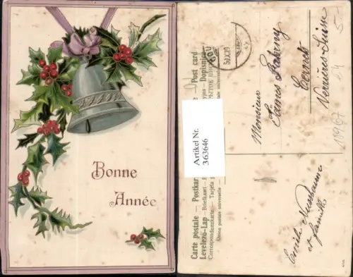 363646,Präge Künstler Ak Neujahr Glocke a. Schleife Stechpalmenzweige