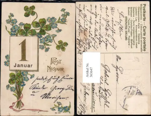363647,Präge Litho Neujahr Kalenderblatt 1 Klee Kleeblätter Vergissmeinnicht Goldverzierung