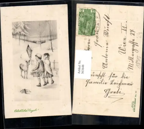 363648,Künstler Ak Neujahr Kinder Reh Wild Marterl Wegkreuz Winterlandschaft pub Art de Vienne 141