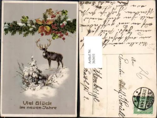 363651,Präge Künstler Ak Neujahr Hirsch Wild Winterwald Girlande Tannenzweige Blätter pub EAS 4850
