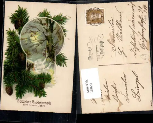 363652,Künstler Ak Neujahr Winterwald Tannenzweige Zapfen Passepartout