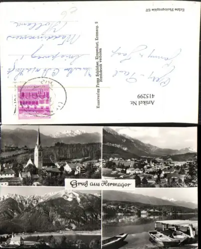 415299,Hermagor Totale Kirche See Boote Bergkulissen Mehrbildkarte