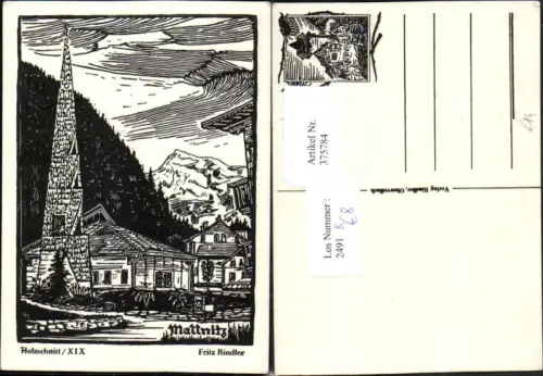 375784,Künstler AK Fritz Rindler Holzschnitt Mallnitz Kirche Bergkulisse