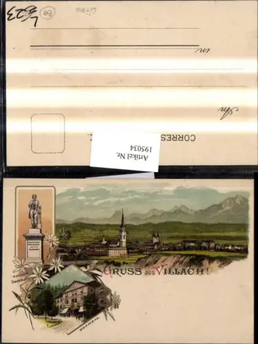 195034,Litho AK Gruß aus Villach Totale Gasser Denkmal Warmbad Mehrbildkarte