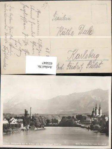 655047,Foto Ak Villach Draupartie m. hl. Kreuz u. Mittagskogel