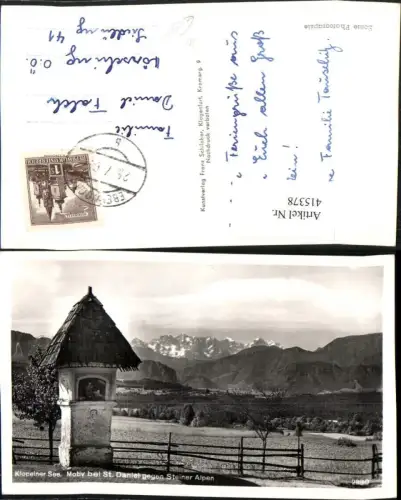 415378,Klopeinersee Motiv bei St. Daniel Bildstock geg. Steiner Alpen Bergkulisse