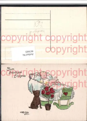 463603,Künstler AK Handgemalt Carl Diehl Berlin Zum freudigen Ereignis Baby Wiege Hund