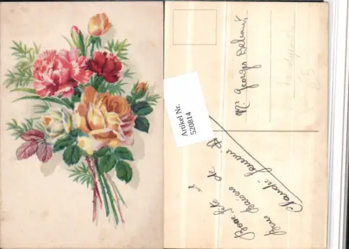 520814,Künstler AK Handgemalt Blumenstrauß Rosen Nelken