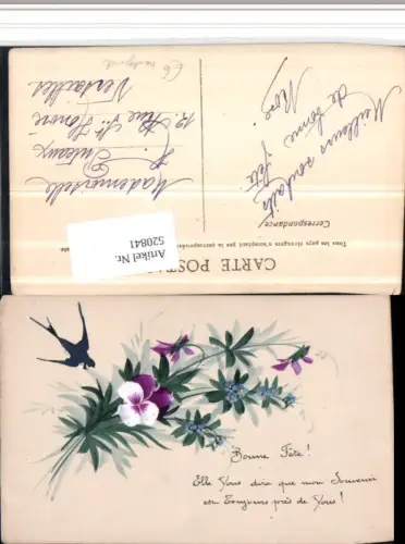 520841,Künstler AK Handgemalt Stiefmütterchen Blumen Schwalbe
