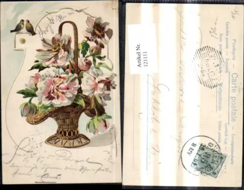 121111,Jugendstil Litho Weidenkorb m. Blumen Korb Vögel