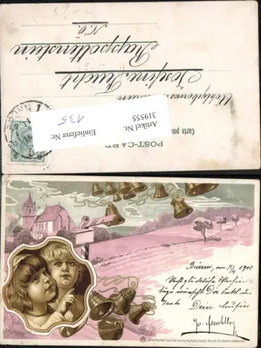 319555,Jugendstil Künstler Litho H. Schubert Kinder Glocken Kirche Ostern