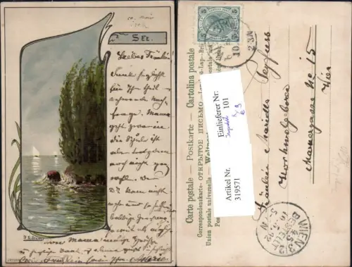319571,Jugendstil Künstler Litho F. L. Stern Idyllen Küste Segelboote See