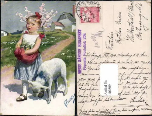 100809,Karl Feiertag Schaf m. Kind Blumen sign. B.K.W.I 4605-6