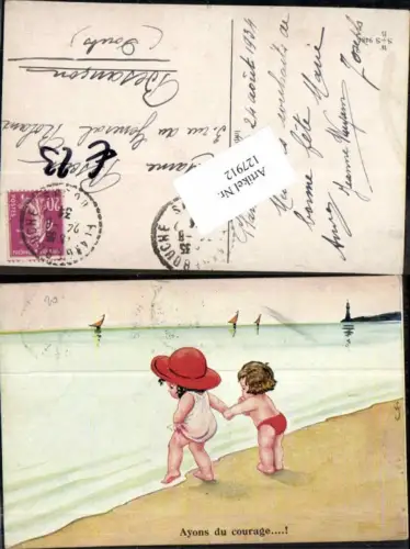 127912,Willi Scheuermann sign. Kinder am Strand beim Baden Hut WS+SB 9484