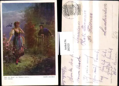 202325,Künstler AK Hans Zatzka Sah ein Knab ein Röslein stehn Frau m. Kleid Mann Zaun