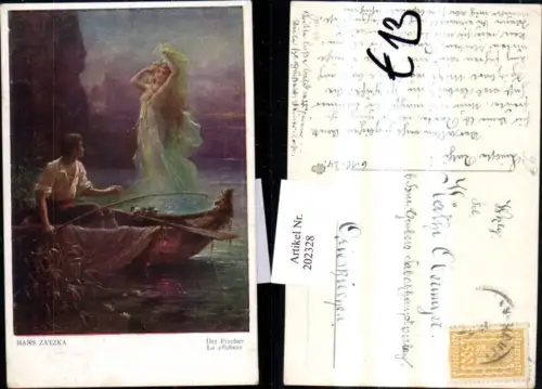202328,Künstler AK Hans Zatzka Der Fischer Fischen Boot Frau m. Kleid
