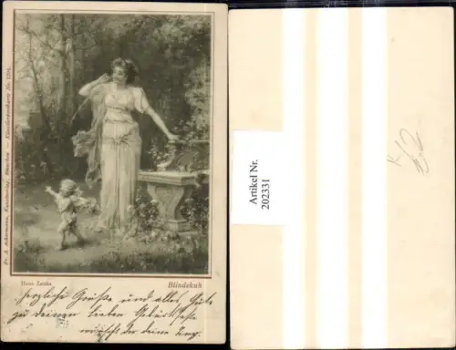 202331,Künstler AK Hans Zatzka Blindekuh Frau m. Kleid Engel m. verbundenen Augen