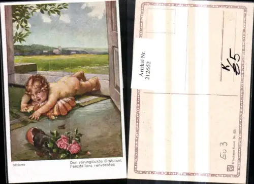 212652,Künstler AK Schlemo „Der verunglückte Gratulant“ Kind Akt fällt auf Torte Kuchen kaputter Rosenstock