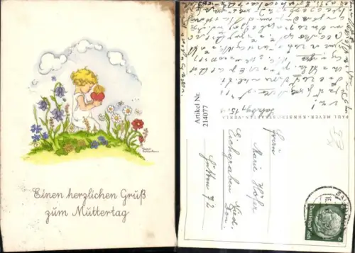 214077,Künstler AK Liesel Lauterborn „Gruß zum Muttertag“ Kind m. Kerze Herz Blumen Wiese