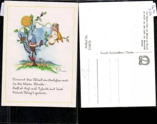 214078,Künstler AK Liesel Lauterborn Engel Zwerg Baum Vogel Sonne Gedicht Text