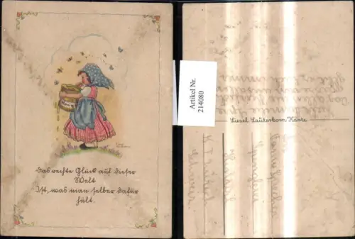 214080,Künstler AK Liesel Lauterborn Mädchen m. Kopftuch Kleid Eimer voll Honig Bienen