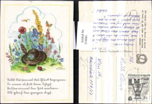 214081,Künstler AK Liesel Lauterborn Hut m. Feder Blumen Glockenblume Mohnblume Schmetterling