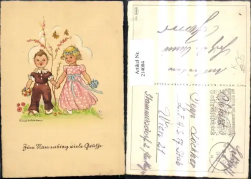 214084,Künstler AK Liesel Lauterborn Kinder Hand in Hand Kleid Blumenstrauß Wiese Schmetterling