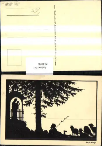 214088,Künstler AK Allmayer Josefine Scherenschnitt Silhouette Kapelle Hirte m. Schafe