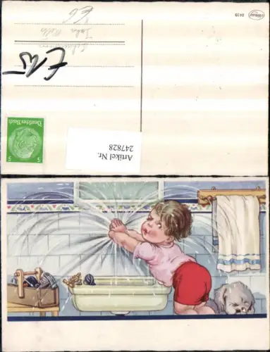 247828,Künstler AK Willi Scheuermann John Wills Humor Kind hält Wasserstrahl zu Werkzeug Hund