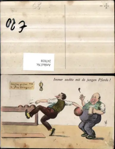 247838,Künstler AK Willi Scheuermann John Wills Immer sachte m. d. Jungen Pferde Männer b. Kegeln Bierkrug