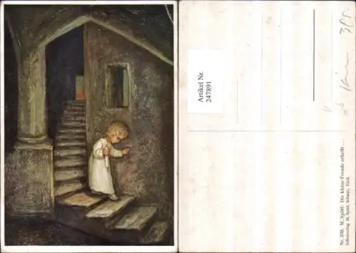 247891,Künstler AK M. Spötl 339 Die kleine Freude erhellt Kind m. Kerze Stiege Treppe