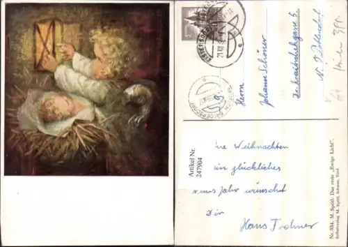 247904,Künstler AK M. Spötl 334 Das erste Ewige Licht Engel Laterne Jesuskind Krippe