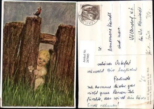 247905,Künstler AK M. Spötl 373 Guck in d. Welt Kind Zaun Wiese Vogel