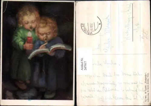 247917,Künstler AK M. Spötl 441 Festprobe Kinder b. Singen Kerze Liederbuch