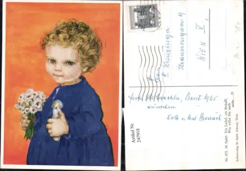 247918,Künstler AK M. Spötl 473 Kind m. Kerze u. Blumenstrauß