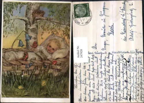 247920,Künstler AK M. Spötl 393 Frohes Erwachen Kind Korb Vögel Blumen Wiese