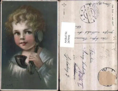 247950,Künstler AK Frank Elly Kind m. Telefon Schnurtelefon Portrait