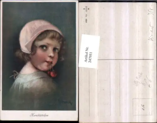 247951,Künstler AK Frank Elly Herzblättchen süßes Kind Mädchen m. Haube Kirschen Portrait