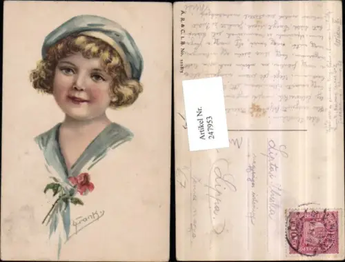 247953,Künstler AK Frank Elly Kind m. Haube Blume Portrait