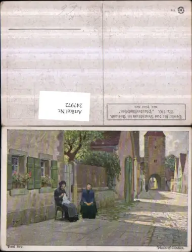 247972,Künstler AK Paul Hey Plauderstündchen Frau b. Sticken Straßenansicht Turm pub Verein f. d. Deutschtum im Ausla