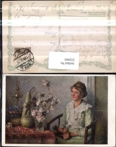 252969,Künstler AK Karl Feiertag Geburtstagsmorgen Frau m. Puppe in d. Hand Tisch Blumen Vase