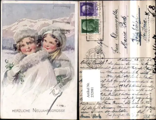 252981,Künstler AK Karl Feiertag Charly Neujahr Kinder Hauben Mistelzweige pub Brüder Kohn B.K.W.I. 3219euro4