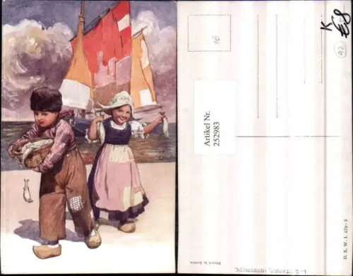 252983,Künstler AK Karl Feiertag Holländische Tracht Kinder Haube Fische Segelschiff Pantoffeln pub Brüder Kohn B.K.W