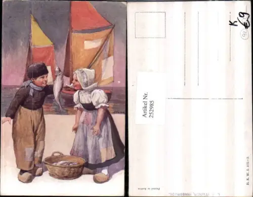 252985,Künstler AK Karl Feiertag Holländische Tracht Kinder Pantoffeln Fische Segelboote pub Brüder Kohn B.K.W.I. 476